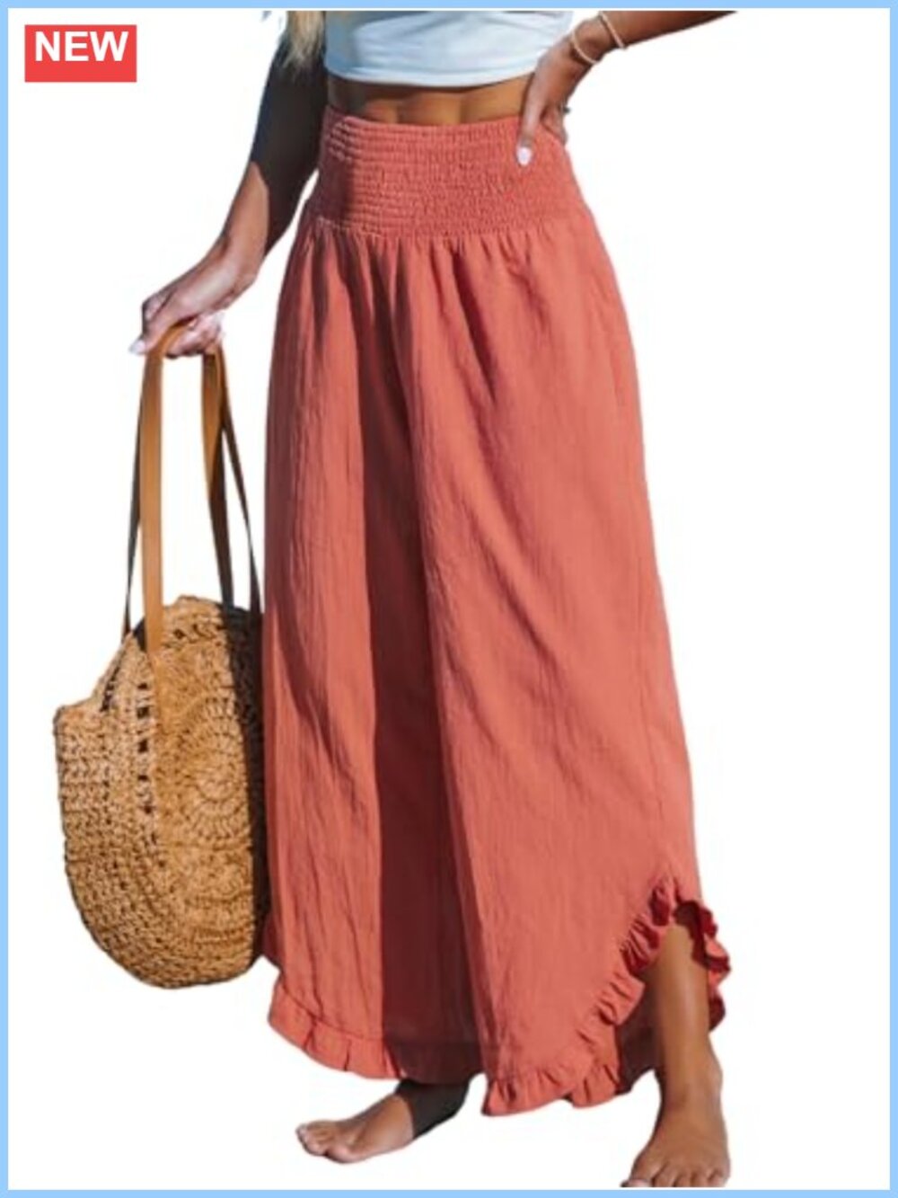 CUPSHE Women Smocked Straight Leg Pants Ruffle Cuffs 100% Cotton Beach Coverup